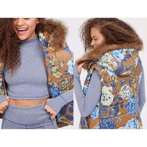 Offline By Aerie Blue Tan Yellow Floral Zip Puffer Vest W/ Faux Fur Trim Hood